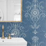 French Country Colette - Evil Eye | Blues Damasks and Scrolls Wallpaper for Nursery, Entryway, and Bedroom