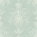 French Country Colette - Sea Glass | Aquas and Teals Damasks and Scrolls Wallpaper for Half Bath, Hallway, and Nursery