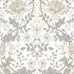 Honeysuckle Floral Ogee - Ivory and Greige | Whites and Off Whites Damasks and Scrolls Wallpaper for Dining Room, Entryway, and Hallway