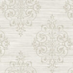 Medallion on Grasscloth | Cool Neutrals Damasks and Scrolls Wallpaper for Accent Wall, Bedroom, and Office