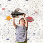 Rocket Ship - White and Navy | Blues Children and Nursery Wallpaper for Office, Living Room, and Hallway