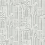 Manhattan Skyline - Silver Sky | Silvers and Pewters Architecturals Wallpaper for Accent Wall, Nursery, and Living Room