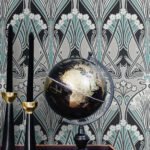 Dragonfly Damask - Ebony and Aqua | Blacks Damasks and Scrolls Wallpaper for Nursery, Accent Wall, and Half Bath