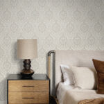 Luna Ogee - Natural Cream | Warm Neutrals and Beiges Damasks and Scrolls Wallpaper for Bedroom, Accent Wall, and Powder Room