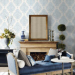 Antigua Damask - Blue Frost and Bone White | Blues Damasks and Scrolls Wallpaper for Powder Room, Entryway, and Kitchen