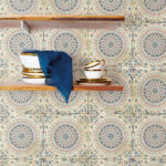 Mandala Boho Tile - Coral, Cream, and Midnight Blue | Warm Neutrals and Beiges Tiles Wallpaper for Entryway, Half Bath, and Powder Room