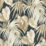 Dominica - Black, Metallic Gold, Camel, and White | Blacks Florals, Botanicals and Tropicals Wallpaper for Living Room, Entryway, and Powder Room