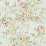 Floral Scroll - Sky Blue and Rose | Blues Damasks and Scrolls Wallpaper for Half Bath, Living Room, and Powder Room