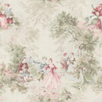 Vintage Toile - Satin Taupe and Cranberry | Pinks Toiles Wallpaper for Nursery, Bedroom, and Dining Room
